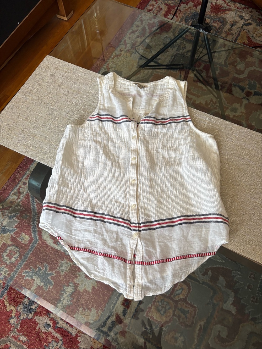 Lucky Brand White Sleeveless Button Front Blouse with Red & Black Stripes - Picture 5 of 7
